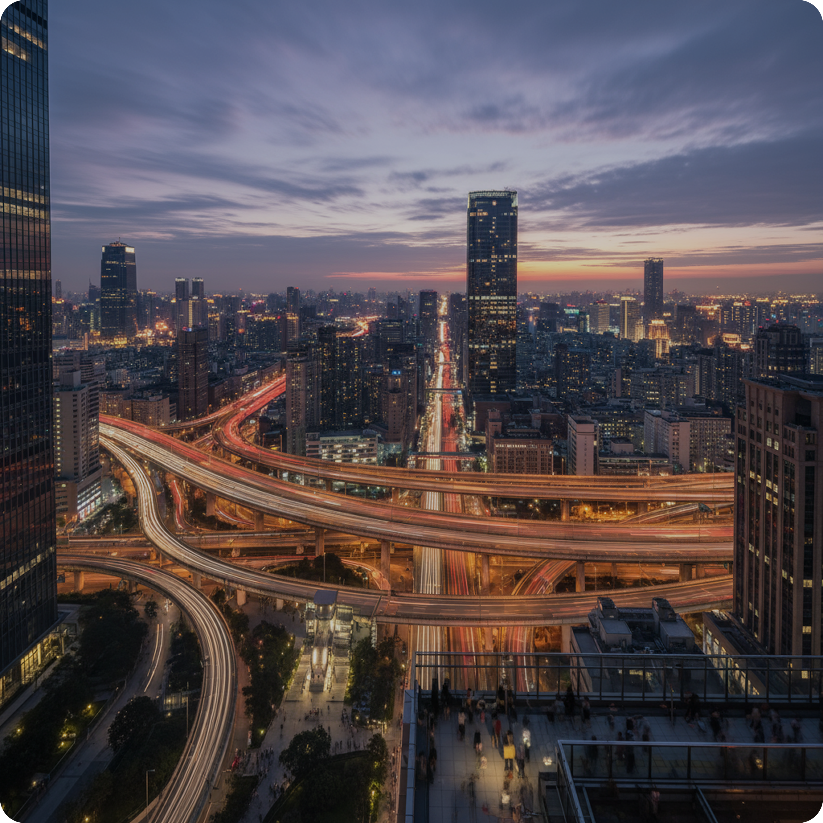 Night city skyline with illuminated highways